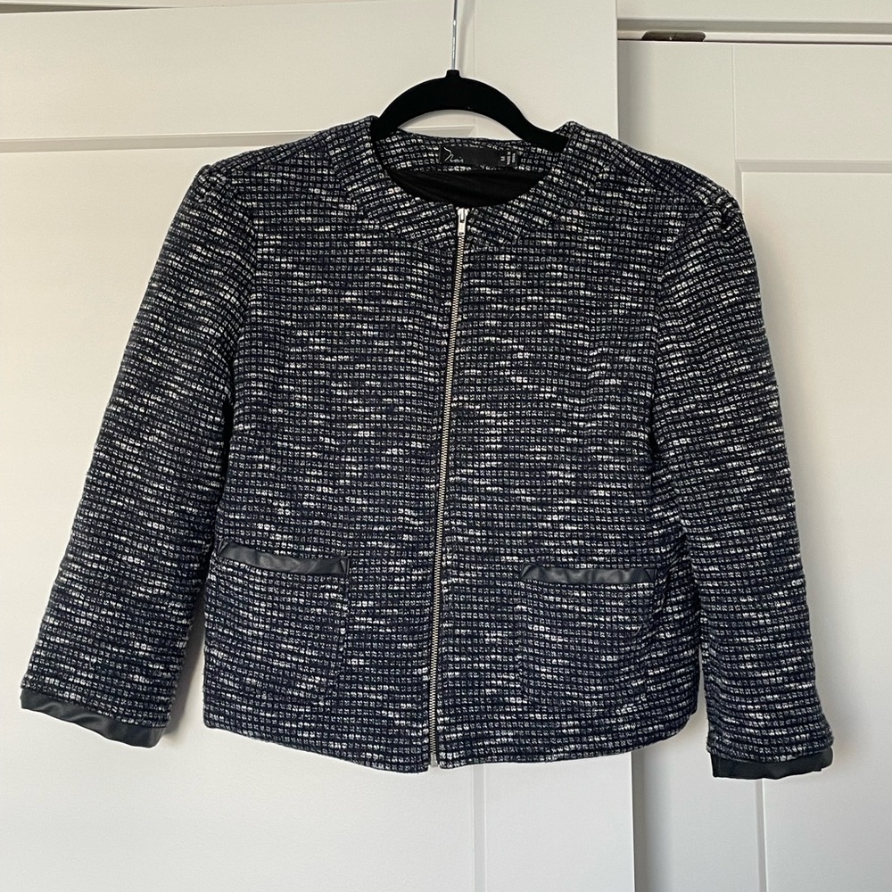 Le Tote Noir Blazer Jacket Womens M Navy Blue 3/4 Sleeve Tweed Zip Pocket
